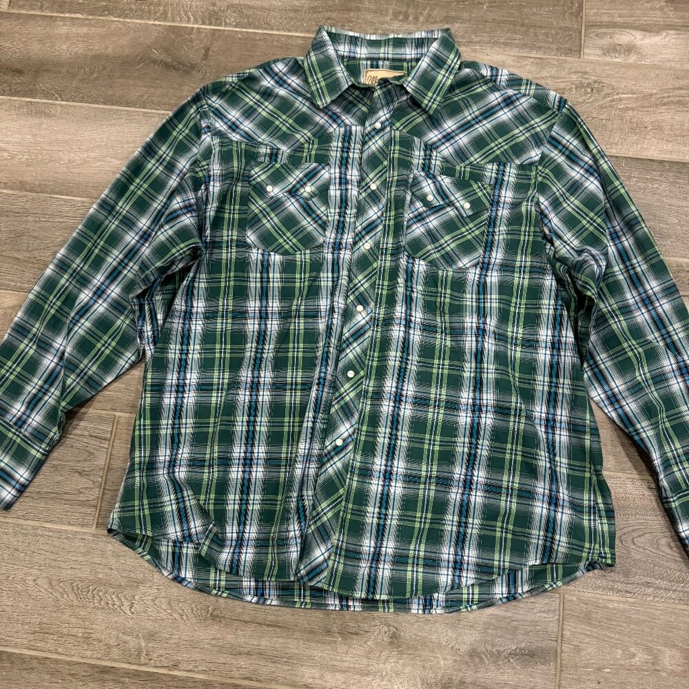 Wrangler‎ Men’s XXL Green Plaid Western Pearl Snap Long Sleeve Shirt